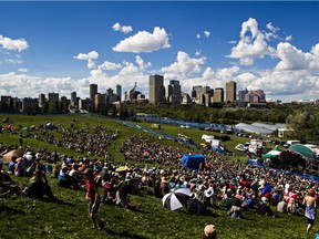 Edmonton's skyline is seen from Stage 6 during the Edmonton Folk Music Festival at Gallagher Park in Edmonton.