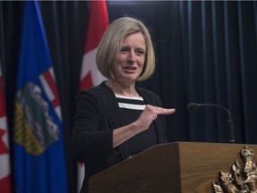 Alberta Premier Rachel Notley comments about Kinder Morgan and its decision to  suspend all non-essential activities and related spending on the Trans Mountain pipeline expansion project Alberta Legislature on April 8, 2018.