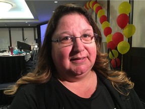 Alberta School Councils Association president Allison Pike speaks to reporters in Edmonton on April 22, 2018.