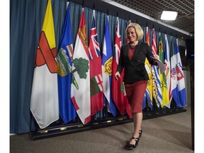 Alberta Premier Rachel Notley leaves a press conference to on her meeting with Prime Minister Justin Trudeau and B.C. Premier John Horgan on the deadlock over Kinder Morgan's Trans Mountain pipeline expansion, on Parliament Hill in Ottawa on Sunday, April 15, 2018.