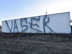 A property developer is mystified at how or why their building was targeted last weekend on Yellowhead Trail and 95 Street. The wall vandalized is about five metres high and 23 metres long. Supplied.