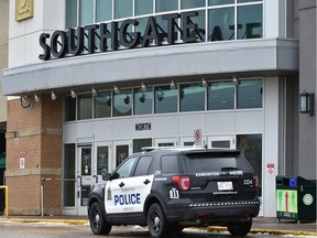 Police at the scene of a violent assault of a mall employee they're investigating where the suspect male fled on foot from Southgate Centre in Edmonton, April 17, 2018.