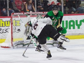 Justin Almeida, shown firing a shot at Prince Albert Raiders goalie Ian Scott during WHL playoff action Tuesday, and the Moose Jaw Warriors are preparing to face the Swift Current Broncos in a best-of-seven series that is to begin Friday at Mosaic Place.