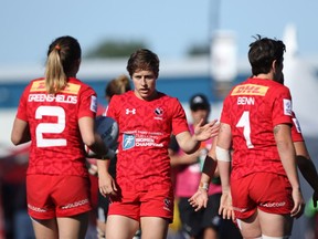 Team Canada's Ghislaine Landry, (centre), talks with teammates after losing to Team New Zealand 17-7 during cup final action at the HSBC Canada Women's Sevens at Westhills Stadium in Langford, B.C., on Sunday, May 28, 2017.