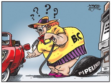 B.C. residents in the Lower Mainland unintentionally restrict fuel shipments by blocking pipelines. (Cartoon by Malcolm Mayes)