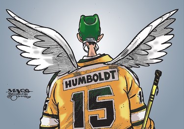 Tribute to the fifteen victims of the Humboldt bus tragedy. (Cartoon by Malcolm Mayes)