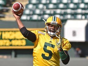 Quarterback Kevin Glenn throwing during the Eskimos training camp at Commonwealth Stadium in Edmonton, May 22, 2018.