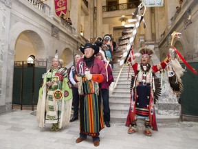 The Grand Entry Procession makes its way into the Alberta Legislature where Premier Rachel Notley apologized to survivors and families of the Sixties Scoop, in Edmonton Monday, May 28, 2018.