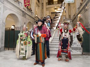 The Grand Entry Procession makes its way into the Alberta legislature where Premier Rachel Notley apologized to survivors and families of the Sixties Scoop in Edmonton on Monday, May 28, 2018.