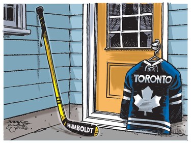 Toronto jersey joins Humboldt stick on doorstep to remember victims. (Cartoon by Malcolm Mayes)