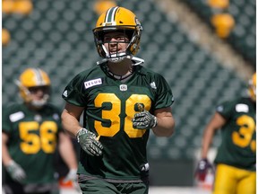 Adam Konar (38) takes part in the second day of the Edmonton Eskimos' training camp at Commonwealth Stadium, in Edmonton Monday May 21, 2018.