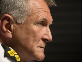 Edmonton police Chief Rod Knecht, seen here speaking to the media at the EPS headquarters on May 29, 2018, was rebuked by the Law Enforcement Review Board for not sending a disciplinary matter against an officer to a hearing.