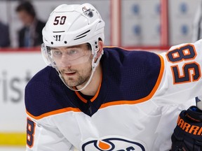 Anton Slepyshev of the Edmonton Oilers prepares for a faceoff against the Ottawa Senators at Canadian Tire Centre on March 22, 2018 in Ottawa.