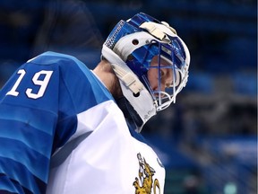 Mikko Koskinen of Finland looks on in the second period against Canada during the PyeongChang 2018 Winter Olympic Games on February 21, 2018 in Gangneung, South Korea.