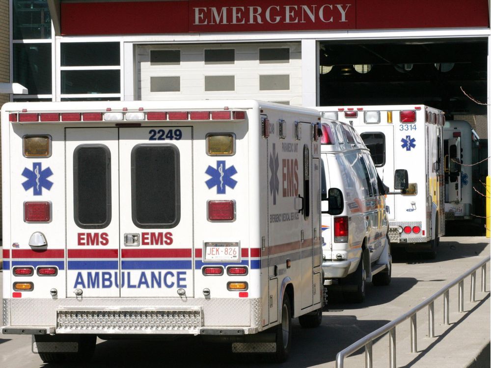 Ambulances line up outside the entrance to the Royal Alexandra Hospital emergency department on May 18, 2018. 