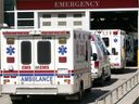 Ambulances line up outside the entrance to the Royal Alexandra Hospital emergency department on May 18, 2018.