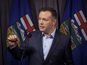 Jason Kenney speaks to the media at his first convention as leader of the United Conservative Party in Red Deer, Alta., Sunday, May 6, 2018.THE CANADIAN PRESS/Jeff McIntosh ORG XMIT: JMC104