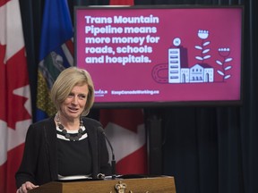 Premier Rachel Notley announced a $1.2 million national advertising campaign including billboards to get the Alberta message on Trans Mountain pipelines out to Canadians, in Edmonton on May 10, 2018.