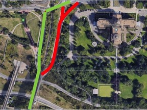 Access to the High Level Bridge from the east approach, indicated in red, will be closed for 45 minutes on Monday for a ceremonial 15-gun salute. (Provided)