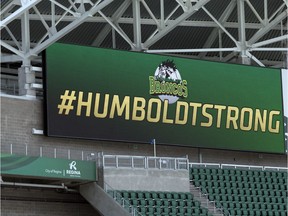 A sign with #HumboldtStrong displaying support for the Humboldt Broncos at Mosaic Stadium in Regina on April 16, 2018.