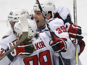 Washington Capitals forwardAlex Chiasson (39) celebrates his goal against the Pittsburgh Penguins in Pittsburgh, Monday, May 7, 2018. (AP Photo/Gene J. Puskar)