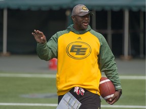 Demetrius Maxie is the Linebackers coach. Photos andoff of the Eskimos practice of the Eskimos coaching staff on August 23, 2017. Photo by Shaughn Butts / Postmedia