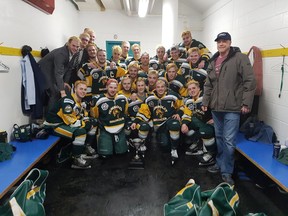 Members of the Humboldt Broncos junior hockey team are shown in a photo posted to the team Twitter feed, @HumboldtBroncos on March 24, 2018 after a playoff win over the Melfort Mustangs. Saskatchewan's Ministry of Justice says one of the deceased in Friday's bus crash involving the Humboldt Broncos was misidentified.