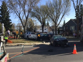 A three-vehicle collision is seen the area of 72 Avenue and 111 Street in Edmonton on Saturday, May 5, 2018.