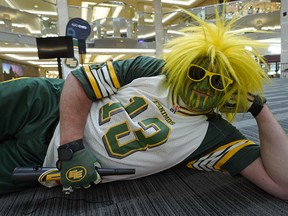 Edmonton Eskimos fan Scott Weech came out in team colors for the Edmonton Eskimos 2018 football season launch held at West Edmonton Mall on Thursday May 17, 2018. The event included performances by the all-new Esks Force Drum Line and Hype Team. (PHOTO BY LARRY WONG/POSTMEDIA)