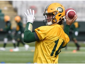 Quarterback Zach Kline (14) during Eskimos training camp practice at Commonwealth Stadium will be starting Friday in Winnipeg, in Edmonton, May 31, 2018.