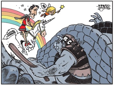 Justin Trudeau and Rachel Notley ride Social Licence unicorn into hands of B.C. troll. (Cartoon by Malcolm Mayes)