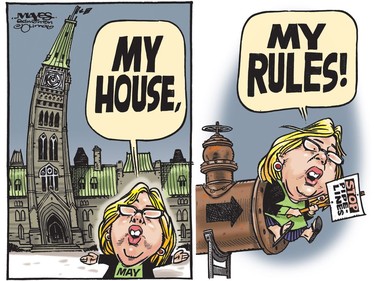 MP Elizabeth May makes her own rules and is found in contempt of court for protesting the Kinder Morgan pipeline project. (Cartoon by Malcolm Mayes)