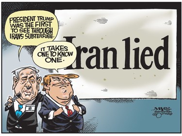 Benjamin Netanyahu and Donald Trump know Iran was lying when agreeing to arms deal. (Cartoon by Malcolm Mayes)