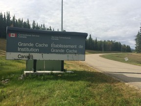 The road entrance to the Grande Cache Institution, in September 2017.