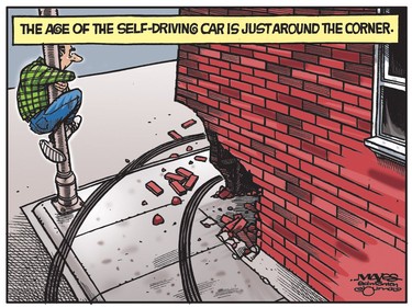 Apparently, the age of the self-driving car is just around the corner. (Cartoon by Malcolm Mayes)