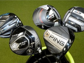 Clockwise from bottom left, a Cobra King F8 driver, a Callaway Rogue driver, TaylorMade M3 & M4 drivers and a Ping G400 driver, all at de Boer's Golf Shoppe in soth Edmonton.