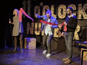 Davina Stewart (left, Grindstone Theatre board member), Byron Martin (Grindstone Theatre Artistic Director) and Anand Pye (Grindstone Theatre board president) cut the ribbon to officially open the Grindstone Theatre (10019 81 Ave.), Edmonton's first comedy theatre, on Thursday April 5, 2018.