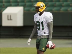 D'haquille 'Duke' Williams drills during Edmonton Eskimos training camp at Commonwealth Stadium in Edmonton, on Tuesday, May 29, 2018.