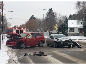 Emergency crews respond to a two-vehicle traffic collision on 112 Avenue near 57 Street in Edmonton on Nov. 8, 2017. The City of Edmonton released its 2017 motor vehicle collision report on Friday, May 18, 2018, indicating a rise in total collisions since 2016.