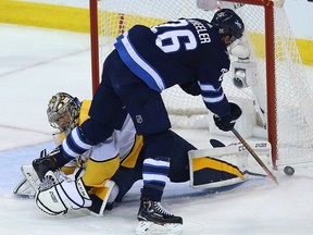 Winnipeg Jets forward Blake Wheeler can't tuck the puck past Nashville Predators goaltender Pekka Rinne during Game 2 of their second-round playoff series in Winnipeg on Tues., May 1, 2018. (Kevin King/Winnipeg Sun)