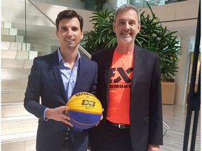 Ignacio Soriano, left, FIBA 3x3 Senior Manager poses with Paul Sir, ABA Executive Director following a news conference in Edmonton on Tuesday, May 29, 2018.