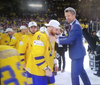 Adam Larsson receives his gold medal at the 2018 IIHF Worlds.