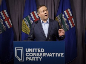 Jason Kenney speaks to the media at his first convention as leader of the United Conservative Party in Red Deer, Alta., Sunday, May 6, 2018.THE CANADIAN PRESS/Jeff McIntosh ORG XMIT: JMC102