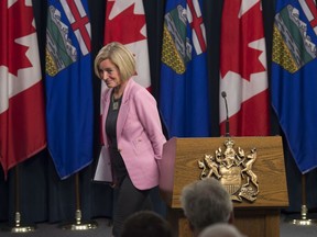 Alberta Premier Rachel Notley spoke to the media at the Alberta Legislature on May 16, 2018 about the Trans Mountain Pipeline. Photo by Shaughn Butts / Postmedia