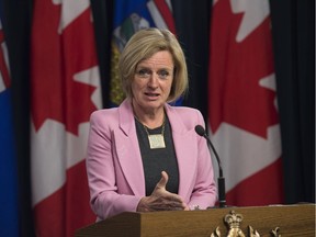 Alberta Premier Rachel Notley spoke to the media at the Alberta Legislature on May 16, 2018 about the Trans Mountain Pipeline. Photo by Shaughn Butts / Postmedia