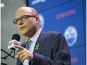 Peter Chiarelli, the Edmonton Oilers President of hockey operations and General Manager, spoke with media at Rogers Place on April 11, 2018 Photo by Shaughn Butts / Postmedia