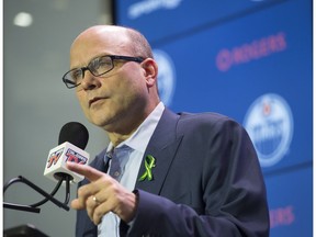 Peter Chiarelli, the Edmonton Oilers president of hockey operations and general manager, speaks with media at Rogers Place on April 11, 2018.