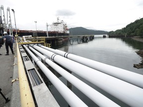 Kinder Morgan's Westridge Marine Terminal in Burnaby, BC. In addition to loading tankers, the facility also receives and ships jet fuel to the Vancouver International Airport through the Jet Fuel Pipeline System.