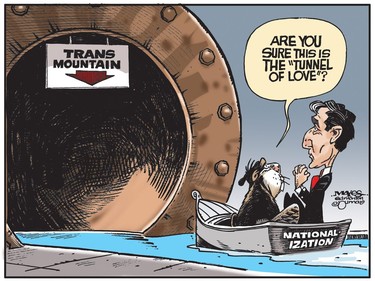 Nationalization of the Trans Mountain pipeline isn't a trip down the Tunnel of Love. (Cartoon by Malcolm Mayes)