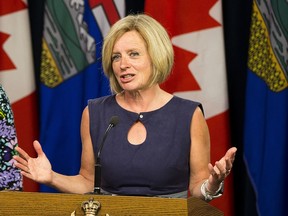 Rachel Notley is defending her decision to skip the Western Premiers' Conference in the Northwest Territories to stay in Alberta and work on getting the Trans Mountain pipeline built during a press conference on Tuesday, May 22, 2018.  Deputy premier Sarah Hoffman will attend the conference in Notley's place. Greg  Southam / Postmedia